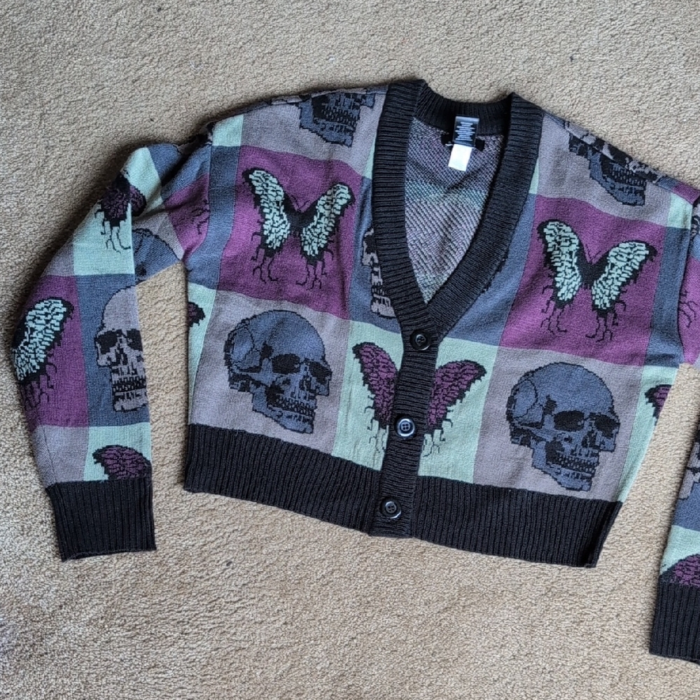 Butterfly and Skull Patterned Cardigan Sweater